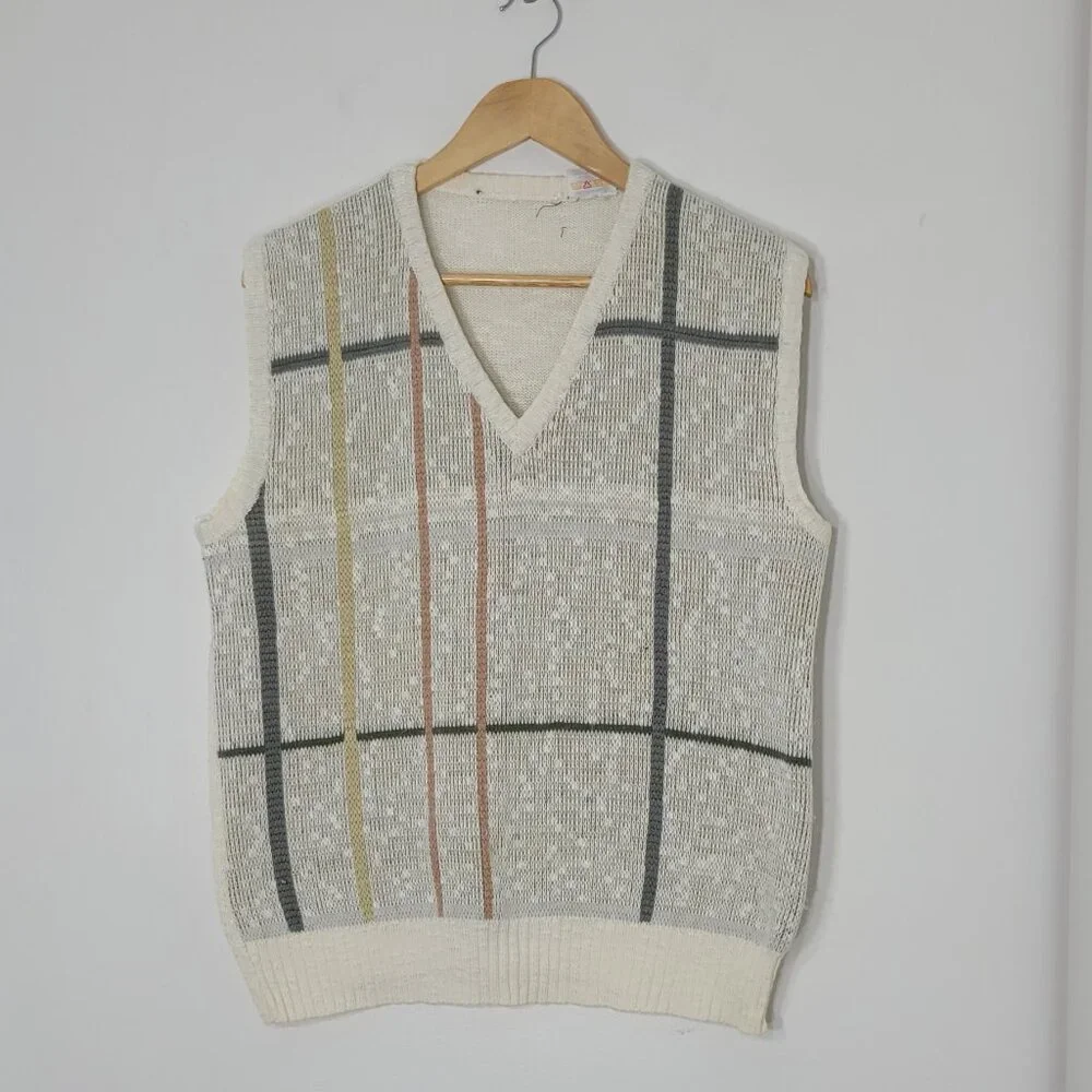 Vintage Knitted Ivory Yellow Striped Green Cotton Blend V-Neck Sleeveless Vest - Picture 2 of 10